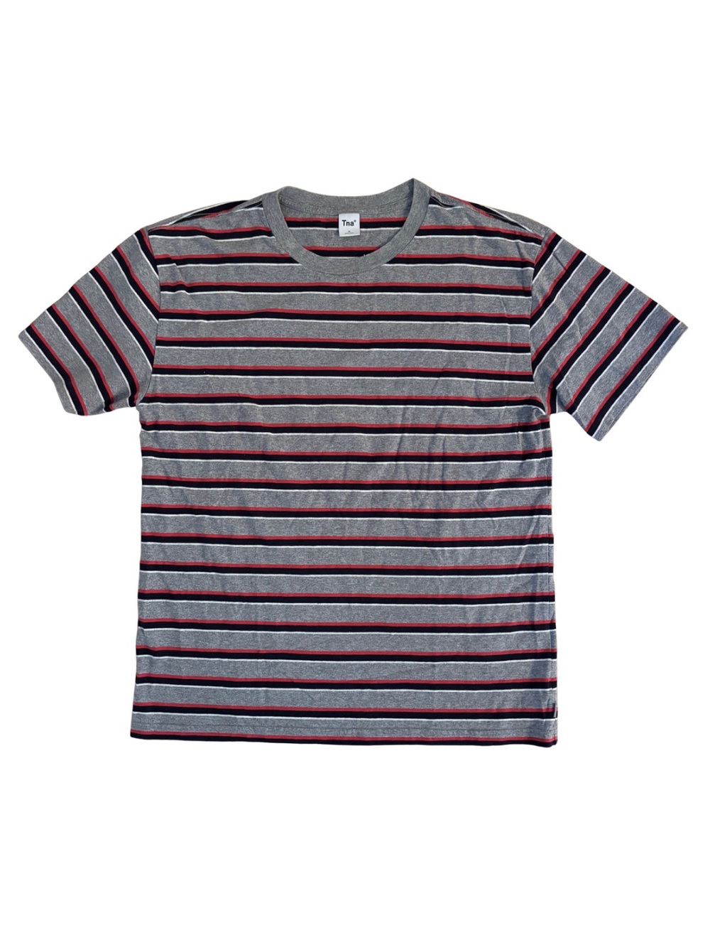 TNA Striped Crewneck T-Shirt - Gray with Black & Red Stripes